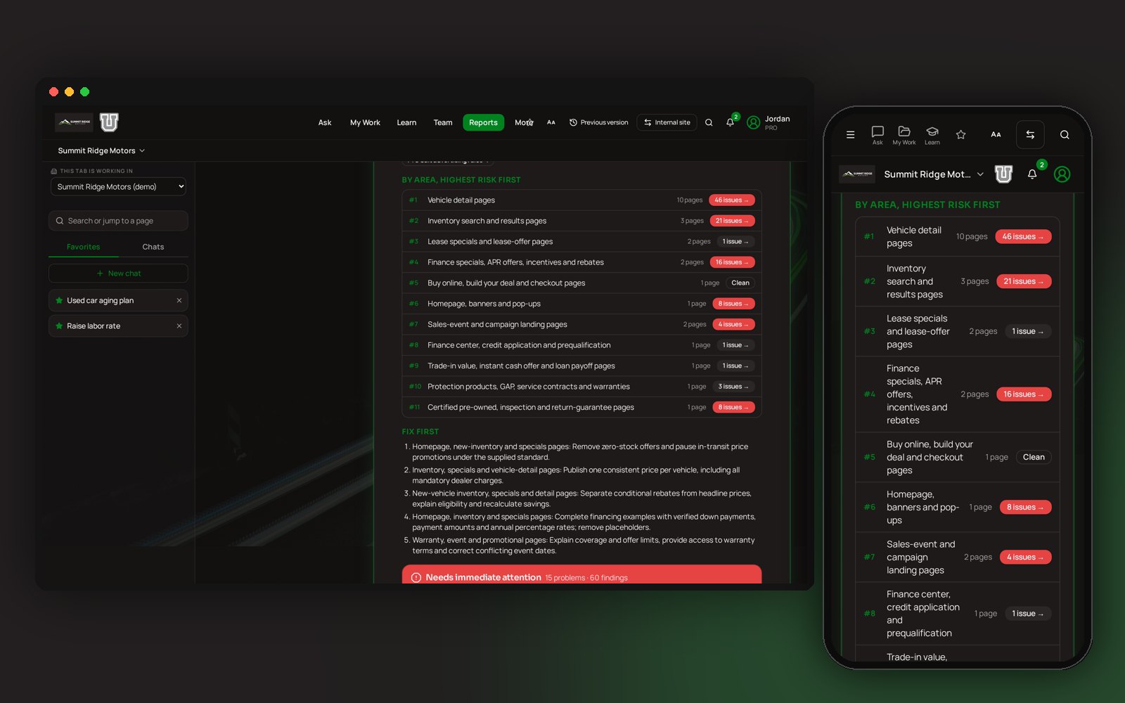 Weekly Ad Check report ranked by risk on a laptop and a phone